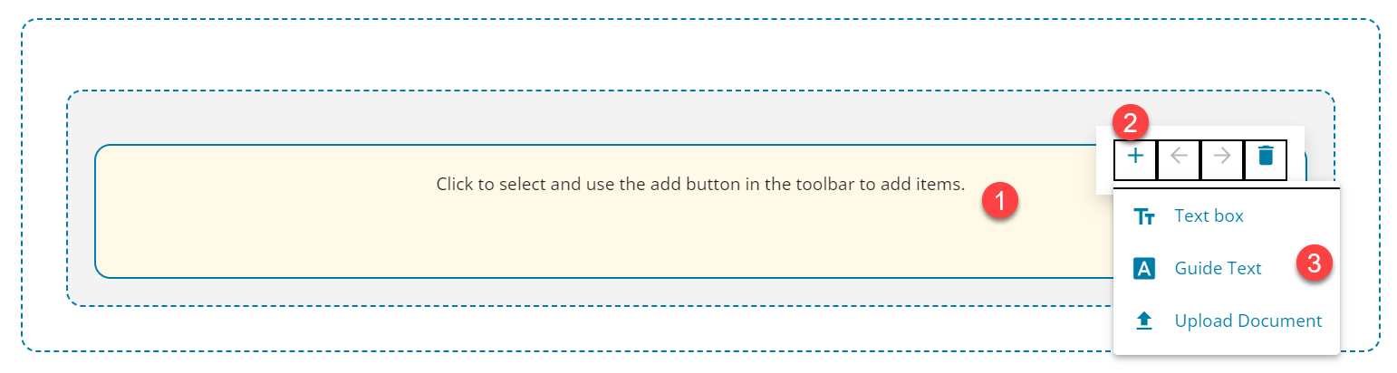 Step 1 click in the centre box, step 2 click the plus sign, step 3 select the item to add